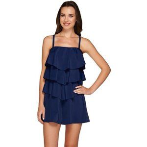 NWT $99 Size 10 Navy  Fit 4 U Hips Luxe Flattering V-Tiered Romper Swimsuit